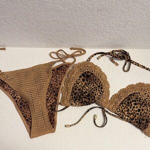 NWT Aerie Tan and Leopard Crochet Bikini Set Top and Bottoms L